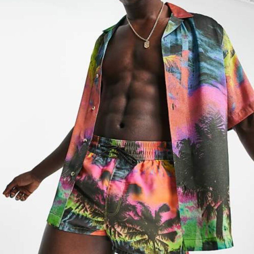 3/$50 ASOS DESIGN Mens Palm Tree Sunset Graphic Short Sleeve Camp Shirt Size XL